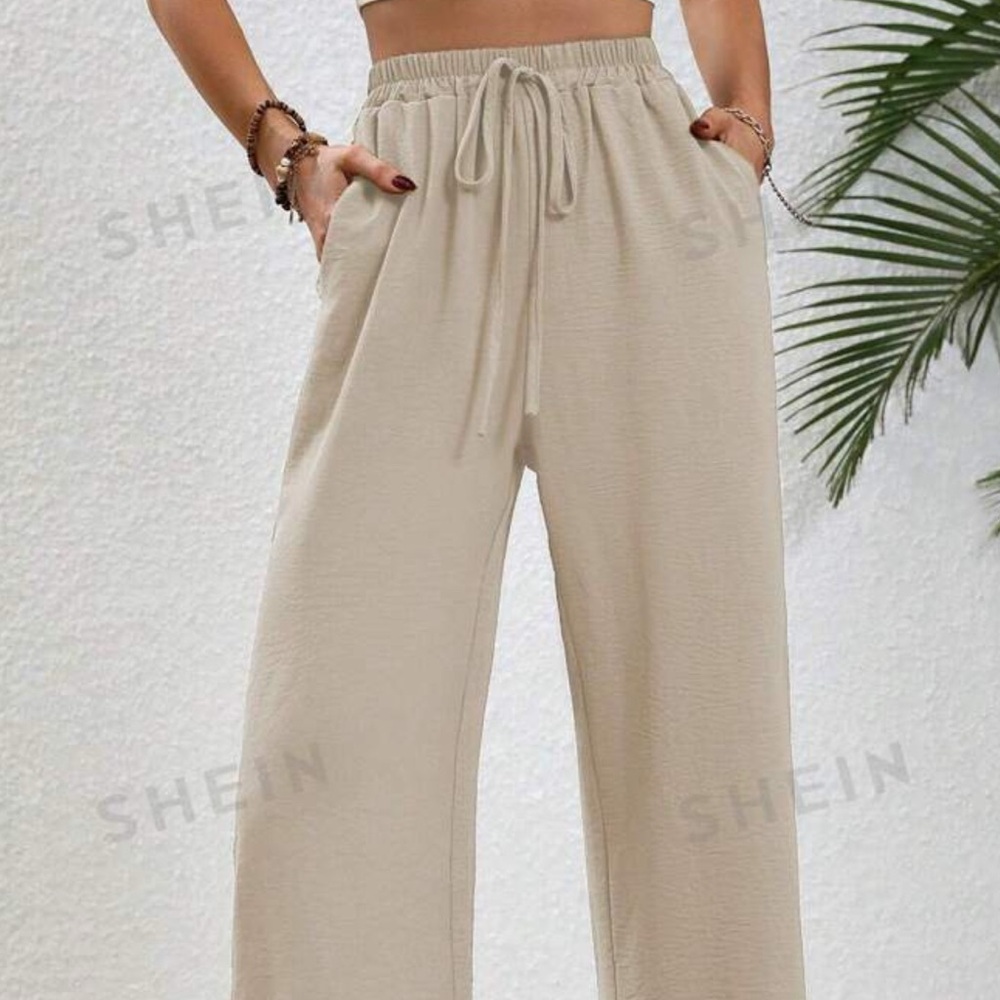 SHEIN LUNE Women’s Solid Color Front Tie Pocket Casual 7/9 Length Pants